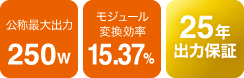 公称最大出力250W、モジュール変換効率15.37%、25年出力保証